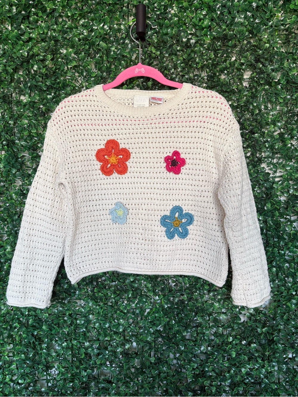 Zara Cream Crochet Sweater with Multicolor Flower Appliques